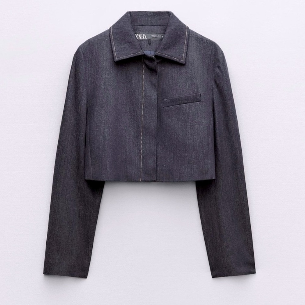 Zara top stitched dark cropped denim jacket size XS